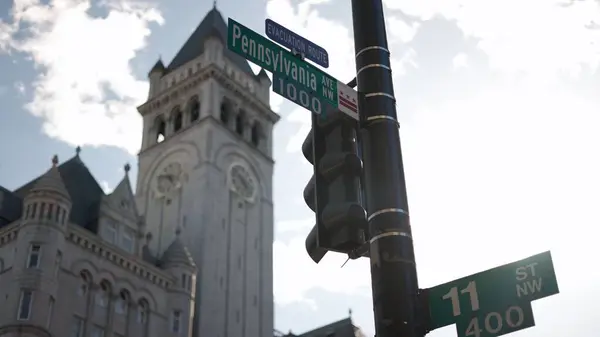 stock image Pennsylvania Avenue, NW and 11th street NW street signs in downtown Washington DC area of lobbying and lawyers in nations capital