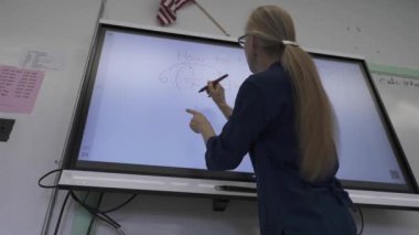 Etkileşimli bir beyaz tahtaya yazı yazan kadın öğretmenin sınıfta matematik öğrettiği yakın plan..