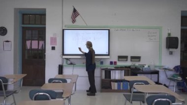 Etkileşimli bir beyaz tahtaya yazı yazan kadın öğretmenin sınıfta matematik öğrettiği yakın plan..