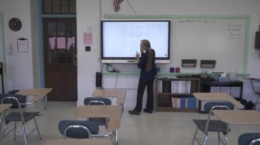 Etkileşimli bir beyaz tahtaya yazı yazan kadın öğretmenin sınıfta matematik öğrettiği yakın plan..