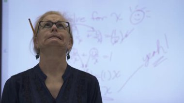 Etkileşimli bir beyaz tahtaya yazı yazan kadın öğretmenin sınıfta matematik öğrettiği yakın plan..