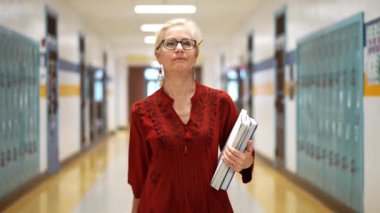 Okulda boş bir koridorda kameraya doğru yürüyen mutlu ve olgun bir kadın öğretmenin yavaş çekimde portresi..