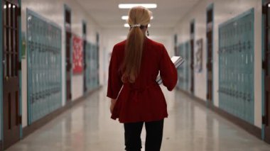 Okulda boş bir koridorda kameraya doğru yürüyen mutlu ve olgun bir kadın öğretmenin yavaş çekimde portresi..