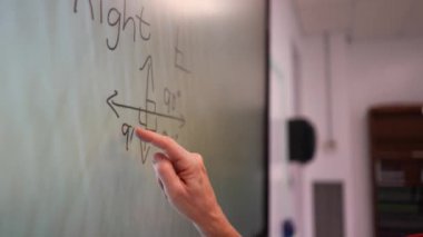 Boş bir sınıfta, interaktif bir beyaz tahta kullanarak geometri öğreten kadın öğretmenin geniş açı görünümü.