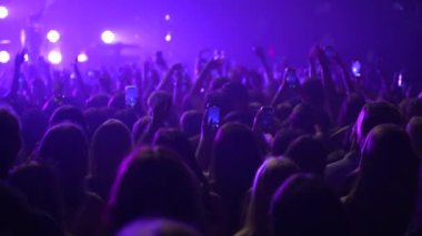 Seyirci kitlesinin yavaş çekim geniş açılı görüntüsü. Elleri havada, telefonları havada, siluetlerini sallayarak bando sahnesinde, parlak mavi, flaş ışıkta ilerliyorlar. Festivaldeki mutlu insanlar müziğin tadını çıkarıyor