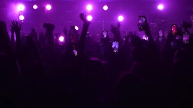 Seyirci kitlesinin yavaş çekim geniş açılı görüntüsü. Elleri havada, telefonları havada, siluetlerini sallayarak bando sahnesinde, parlak mavi, flaş ışıkta ilerliyorlar. Festivaldeki mutlu insanlar müziğin tadını çıkarıyor
