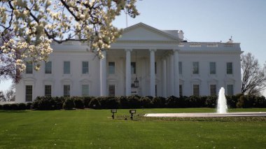 Çiçek açan ağaçlar Beyaz Saray 'ı çerçeveletip canlı bir bahar ortamında ikonik yapıyı vurguluyor. Çeşme Washington DC 'deki barışçıl atmosfere katkı sağlıyor..