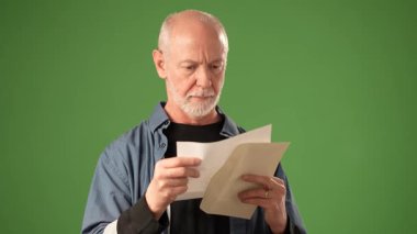 Mutsuz ve endişeli bir ifadeye sahip olgun bir adam, katı yeşil bir arka planda izole edilmiş bir mektup okur. Davranışları üzüntü ve depresyonu yansıtıyor..