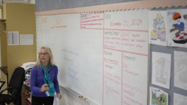 Olgun bir kadın sınıfın önünde duruyor, beyaz tahtaya notlar yazıyor. Yakınlarda düzenlenmiş materyallerle odaklanmış görünüyor. Bir Amerikan bayrağı görünür.