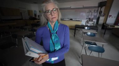 Olgun bir bayan öğretmen elinde kitap ve notlarla boş sınıfında duruyor. Masa ve sandalyelerle çevrili bir şekilde bir sonraki dersi için üzgün ve hayal kırıklığına uğramış görünüyor..