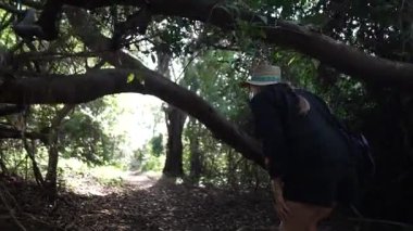 Olgun bir kadın, Nikaragua 'daki Ometepe Adası' ndaki Charco Verde Doğa Koruma Alanı 'nın verimli yollarında yürüyüş yaparken keyifli bir anın tadını çıkarır..