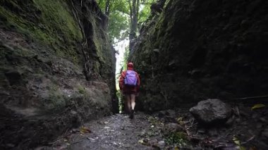 Olgun bir kadın, Mombacho, Nikaragua 'da, verimli ormanlarla çevrili dar bir volkanik kanyonda yürüyüş yapar ve tropikal manzaranın ve maceranın tadını çıkarır..