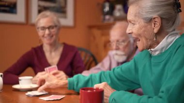 Yaşlı bir çift sıcak bir oturma odasında aile üyesiyle kart oynuyor. Diğerleri oyuna odaklanırken, bir kişinin heyecan göstermesi heyecan verici..