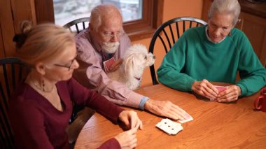 Yaşlı ebeveynler bir masanın etrafında oturur ve bir köpek yakınlarda otururken kağıt oynarlar. Kahkahalarla ve arkadaşlıklarla dolu keyifli anları paylaşıyorlar. Sıcak bir evde birlikte vakit geçiriyorlar..
