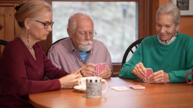 Olgun ebeveynler ve kızları, rahat bir öğleden sonra rahat bir evde oturup kağıt oynamak, kahkaha ve anılarını paylaşmak için bir masanın etrafında toplanırlar..