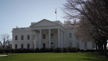 Beyaz Saray, Washington DC 'de görkemli bir şekilde duruyor. Etrafı çimlerle ve ağaçlarla çevrili. Bir bahar günü açık mavi gökyüzünün altında..