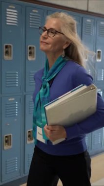 Mavi kazak giyen ve elinde klasörler taşıyan orta yaşlı bir kadının okul koridorunda dolap yakınındaki öğrencilerle etkileşim kurduğu dikey bir video..