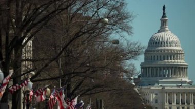 Amerikan bayrakları caddeyi süslerken, ABD Kongre Binası arka planda, öğleden sonra Washington DC 'de açık mavi bir gökyüzünün altında belirgin bir şekilde duruyor..