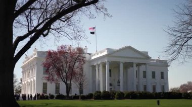 Beyaz Saray, bahar, renkli ağaçlar ve mavi gökyüzüyle açarken Washington DC 'de belirgin bir şekilde duruyor. Ziyaretçiler sakin bir ortamda manzaranın tadını çıkarıyorlar.