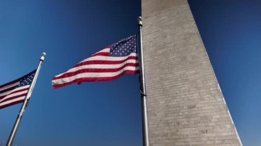 Washington DC 'deki Washington Anıtı' nda rüzgarda dalgalanan Amerikan bayrakları, açık mavi gökyüzüne karşı beyaz bir taş dikilitaştır..