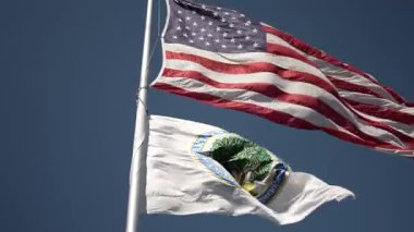 ABD ve ABD Eğitim Bakanlığı bayraklarının yavaş hareket eden görüntüsü Washington DC 'deki hükümet binasının önündeki açık mavi gökyüzüne gururla el sallıyor..