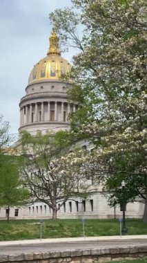 Charleston 'da bir mimari mücevher olan Batı Virginia Eyalet Meclisi' ni keşfeden dikey video, çiçek açan ağaçlar ve zengin tarihle çevrili, turistler ve yerel halk için mükemmel..