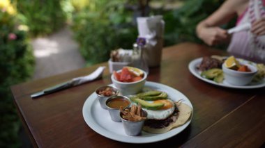 Olgun bir kadın kahvaltısını bir kafede yapar. Laptop üzerinde çalışırken yumurta, tortilla ve taze meyve içeren yemeğin tadını çıkarır..