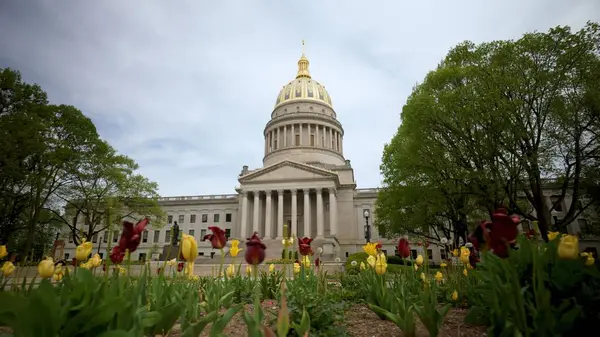 Çekici laleler ön planda çiçek açarken Batı Virginia eyalet meclis binası Charleston 'daki bulutlu gökyüzüne karşı görkemli bir şekilde duruyor ve yerel mimariyi gözler önüne seriyor..