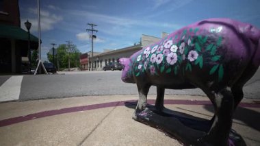 Cadiz, KY, ABD - 04 26 2025: Cadiz, Kentucky şehir merkezinde kaldırımda çiçeklerle süslenmiş renkli bir domuz heykeli duruyor. Canlı sahne, cazibeli dükkanların arka planına karşı yerel sanatı sergiliyor