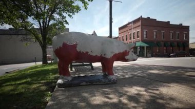 Cadiz, KY, ABD - 04 26 2025: Cadiz, Kentucky şehir merkezindeki kaldırımda, tarihi binalar ve yeşilliklerle çevrili bir domuz heykeli duruyor..