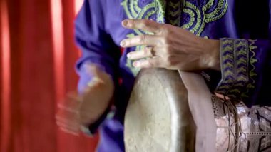 Kadın bir Arap perküsyoncunun balık derisi kafası ile süslü bir kil doumbek 'te ritim geciktirici çalması..