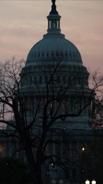 Yüksek Mahkeme 'deki yüksek bir sütunun arkasından çekilen dikey videoda Birleşik Devletler Kongre Binası gece gökyüzüne karşı odaklanmış durumda..