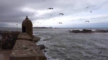Fırtınalı bir günde Essaouira, Fas 'taki limana ve Atlantik okyanusuna bakan güçlendirilmiş levrek..