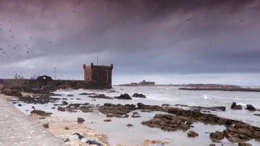 Fırtınalı bir günde Fas 'ın Essaouira limanındaki müstahkem bir kale binasından geniş açılı kamera görüntülerini alıyoruz..