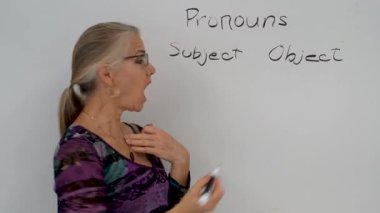 Gülümseyen olgun bir kadının yakından çekilmiş portresi. İngilizce öğretmeni, bir okul sınıfında beyaz tahtaya yaslanmış..