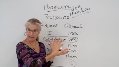 Bir okul sınıfında beyaz tahtaya yaslanmış gülümseyen olgun bir İngilizce dil bilgisi öğretmeninin aşırı yakın portresi..