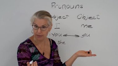 Gülümseyen olgun bir kadının yakından çekilmiş portresi. İngilizce öğretmeni, bir okul sınıfında beyaz tahtaya yaslanmış..