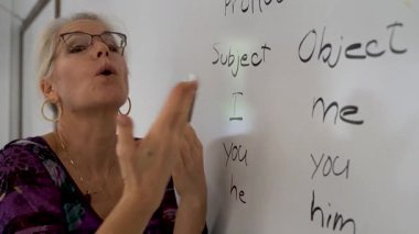 Bir okul sınıfında beyaz tahtaya yaslanmış gülümseyen olgun bir İngilizce dil bilgisi öğretmeninin aşırı yakın portresi..