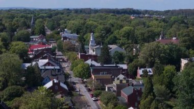 Take in stunning aerial views of Shepherdstown, West Virginia, showcasing its colorful landscape, historic architecture, and vibrant downtown area on a sunny autumn day.