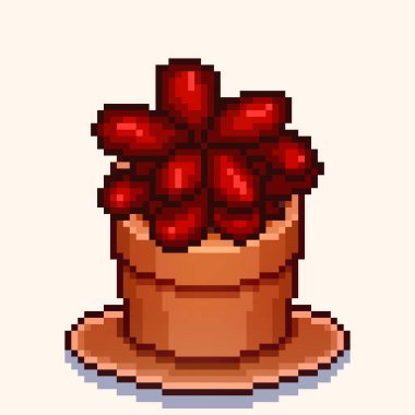 Tencerelerde pikselleştirilmiş çiçekler, her biri canlı, tıkanmış renkler ve basit, eski tarz tasarımlar..