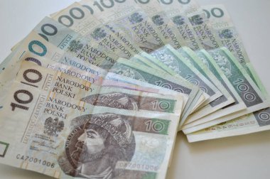 Polonya zloti banknotları Polonya 'nın ulusal para birimini gösteren beyaz bir arka planda sergilenmektedir. İmaj, Polonya parasının mali ve ekonomik yönlerini vurguluyor ve bu paradaki rolünü vurguluyor.