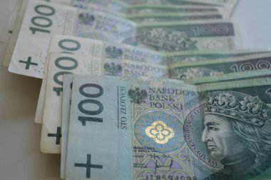 Polonya zloti banknotları Polonya 'nın ulusal para birimini gösteren beyaz bir arka planda sergilenmektedir. İmaj, Polonya parasının mali ve ekonomik yönlerini vurguluyor ve bu paradaki rolünü vurguluyor.