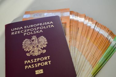 Polonya pasaportu bir yığın Euro banknotunun üzerine yerleştirilmiş, öncelikle 50 Euro 'luk banknotlar, beyaz bir masanın üzerine. Görüntü seyahat, mali güvenlik, uluslararası hareket kabiliyeti ve küresel fırsatları simgeliyor. İlgili temaları resmetmek için idealdir