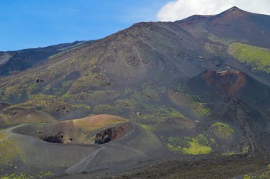 İtalya 'nın Sicilya kentindeki Etna Dağı' nın volkanik yamaçlarının manzarası. Siyah lav kayaları, seyrek bitki örtüsü ve canlı mavi gökyüzü patlamalarla şekillenen dramatik bir doğal manzara yaratır..