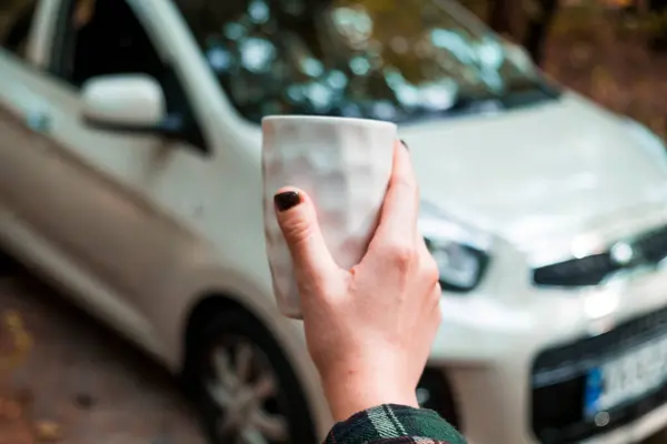 Bir kadın araba tutuyor ve bozuk bir arabaya bakıyor. sonbahar seyahati. 