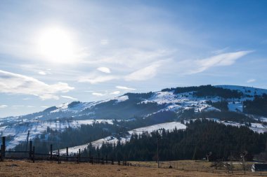 Güneşli bir günde kış dağı manzarası. Karpat Dağları, Ukrayna