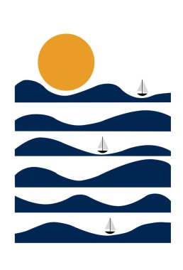 Küçük bir yelkenli ve altın güneşli okyanus dalgalarının minimalist çizimi. Tasarım, sakin ve modern deniz estetiği yaratan geometrik desenli derin mavi dalgaları içerir..