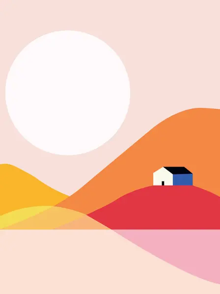 Minimalist bir manzara, büyük bir güneşin altında sıcak tonlu dağlarla çevrili canlı kırmızı bir tepe üzerinde küçük bir ev tasvir eder. Geometrik tasarım ve kalın renkler sıcaklığı, yalnızlığı ve huzuru çağrıştırıyor..