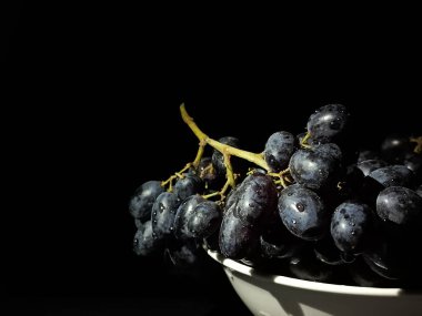 Siyah arka planda beyaz bir fincanda siyah bir üzüm sarmaşığı uzanıyor. Kishmish üzümleri siyah arka planda su damlalarında bir dala konur. Koyu renkli yemek fotoğrafı. Siyah çekirdeksiz üzümler. Arka plan, metin için boşluk..