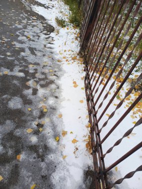 A thin layer of white snow lies near the fence. The first fallen snow. Passable weather. Cold snap. Cold cyclone. Precipitation in the form of snow. Background. clipart